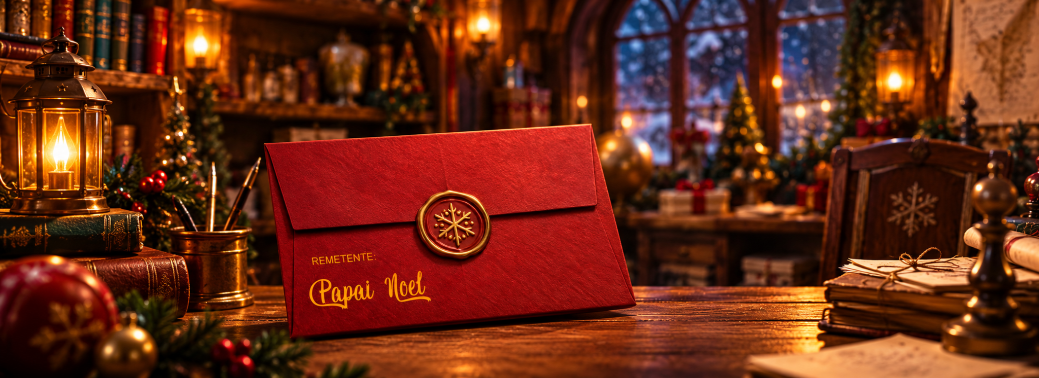 Envelope vermelho com a inscrição Remetente: Papai Noel, sobre uma mesa na Vila do Papai Noel.